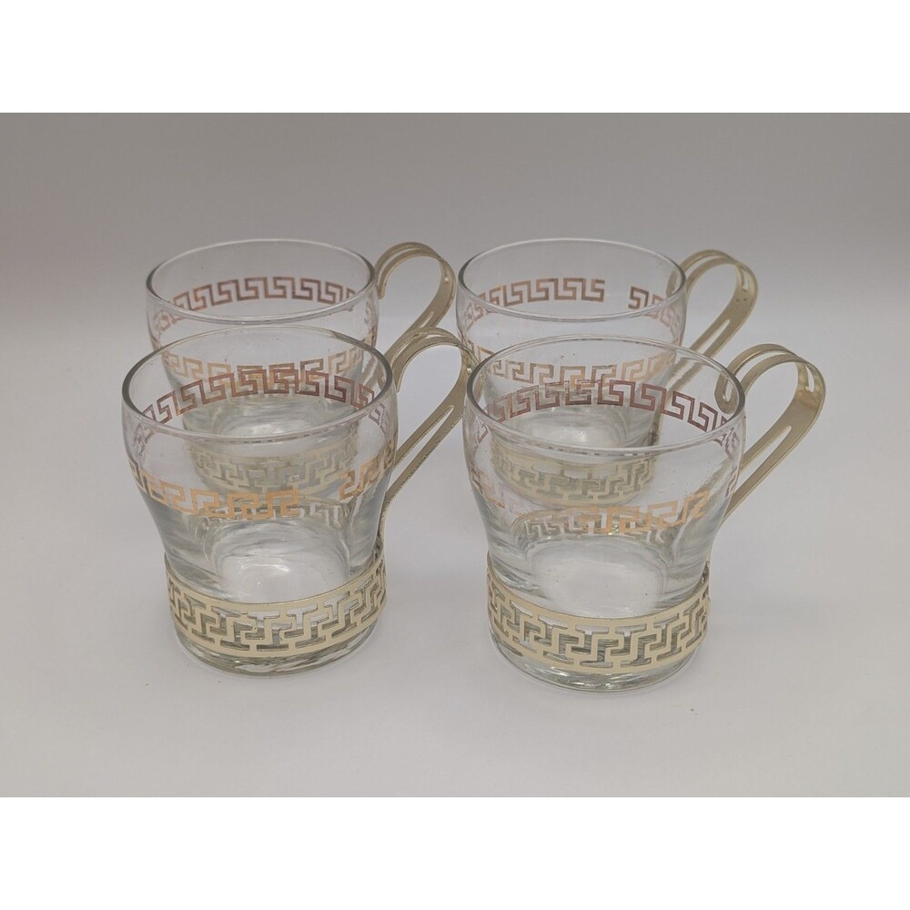 Vintage Libbey Gold Greek Key Glass Continental Coffee Cups Mugs Fancy Holders 4